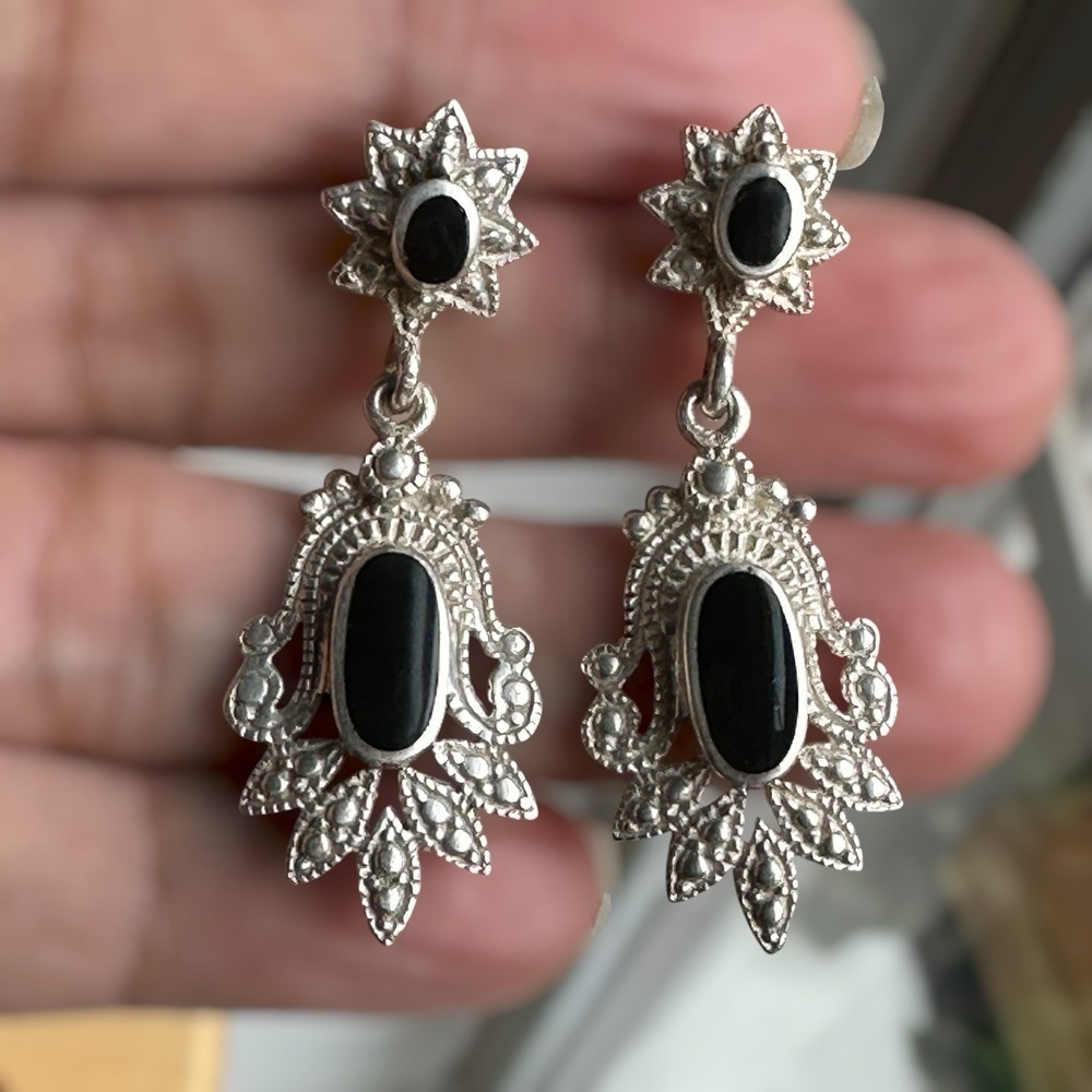 Vintage Retro Deco Stud Dangle Earrings 1.6 Inch Black Onyx 925 Sterling 8.1g